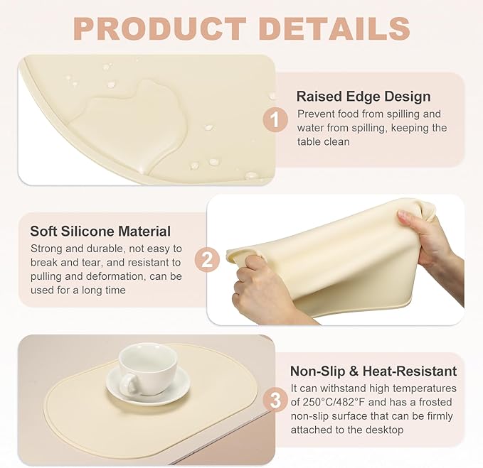 uxcell 2 Pcs Oval Silicone Placemat, 15.4" x 10.4" Non-Slip Washable Table Placemats Heat Resistant Waterproof Mat with High Edge for Table Kitchen Desk Protection, White