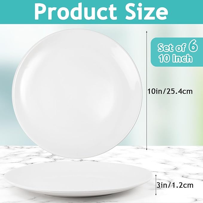 Dinner Plates Set of 6, 10 Inch White Ceramic Dinner Plates, Round Porcelain Appetizer Plate for Kitchen Serving and Everyday Use, Microwave & Dishwasher Safe