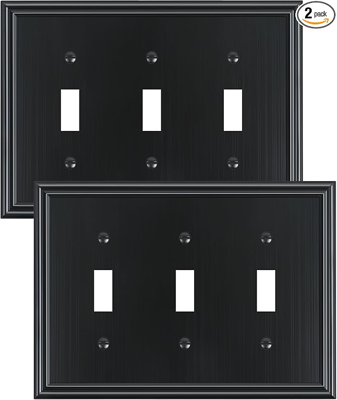 2-Pack Triple Toggle Light Switch Cover Plate, Durable Solid Zinc Alloy Decorative Switch Plate Covers, Black 3 Gang Wall Plate, Corrosion Resistant