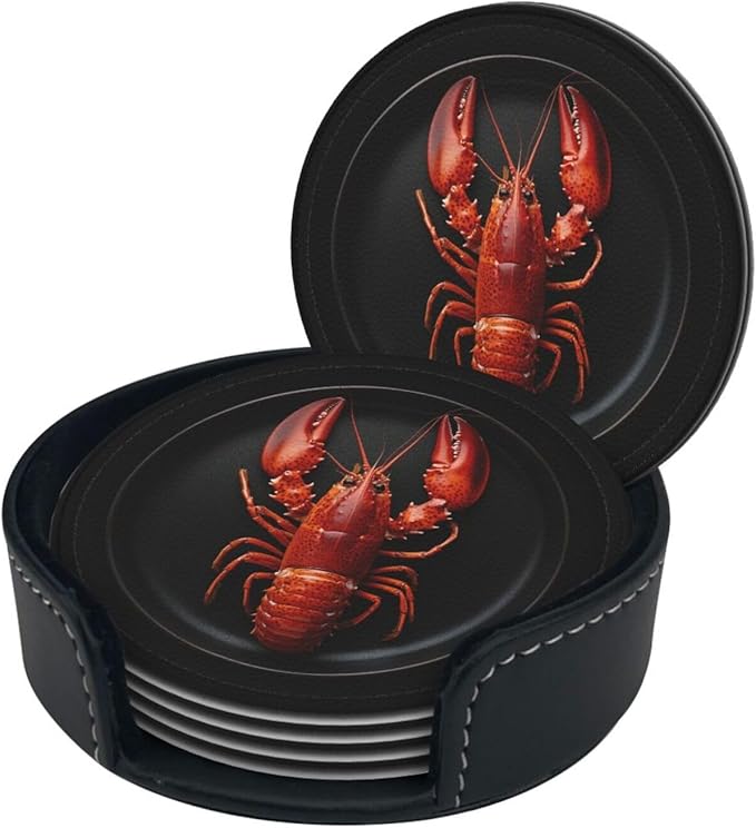 Lobster red Printed Leather Coasters for Drinks, Set of 6 Drink Coaster Dining Room Decor Cup Coasters