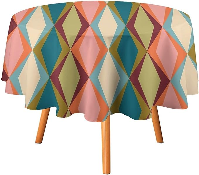 Abstract Geometric Boho Round Tablecloth, Retro Modern Mid Century Tablecloth for Home Party Dining Room Kitchen Decor 60Inch(152cm)