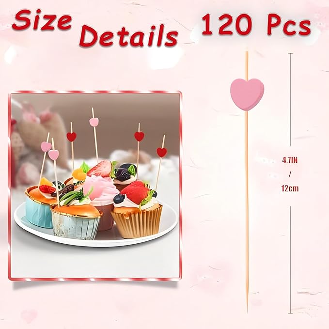 120 PCS Pink Love Heart Shaped Cocktail Picks, 4.7Inch Bamboo Fancy Toothpicks for Appetizers, Cocktail Skewers Sticks Selected for Weddings, Valentines Day, Desserts, Charcuterie, Food, Drinks