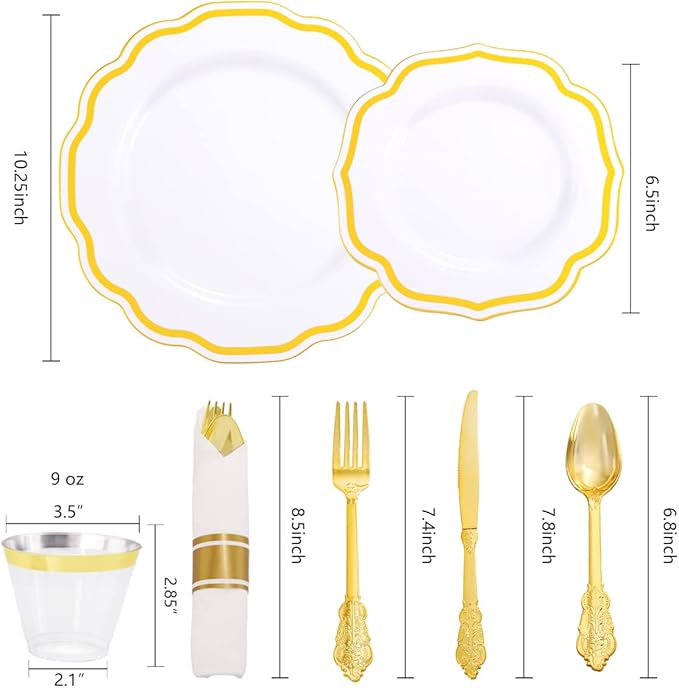 YOUBET 350 PCS White and Gold Plastic Plates - Disposable Plates for 50 Guests Tableware Includes 150 Gold Plastic Silverware, 50 Cups, 50 Napkins, for Wedding Party & Thanksgiving