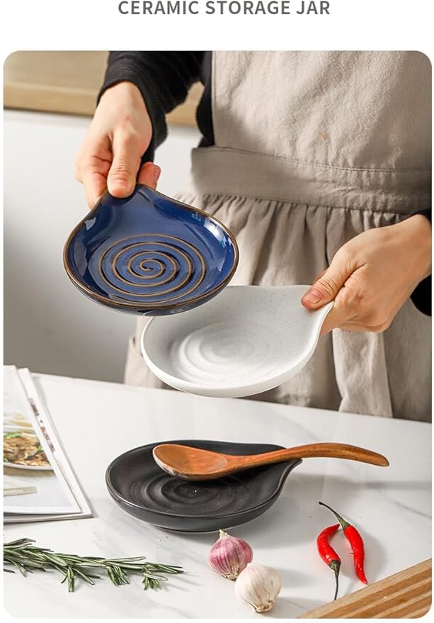 6-Inch Ceramic Spoon Rest - Heat Resistant, Non-Slip for Kitchen Utensils, Spoon Holder Stovetop, Dishwasher Safe - Elegant Spiral Design Black, Housewarming Gift