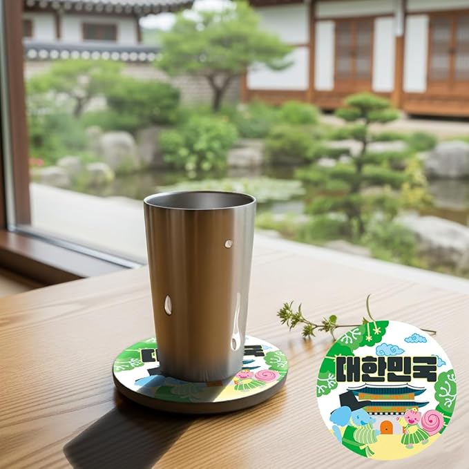 Cute Coasters Set of 4, Korean Home Decor,Traditional Palace and Seoul Tower Theme, Cute Style Coaster for Coffee Table, 4.25 Inches, Coasters with Gold Holder, Doggie, Chipmunk
