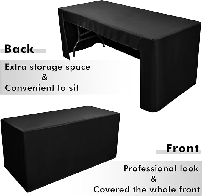 Nasitos 4 Pack 8 foot Black Table Cloth Fitted Trade Show Table Covers for Rectangular Table -Open Back Folding Table Covers Washable and Wrinkle Resistant Table Cloth for Craft Show, Weddings, Events