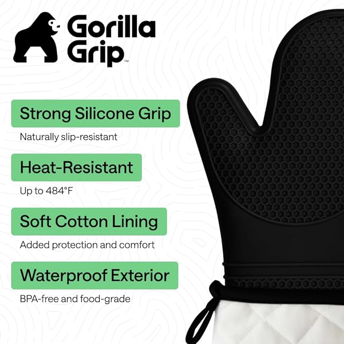 GORILLA GRIP BPA-Free Soft Silicone Oven Mitts, 14.5x8.3, Heat Resistant and Waterproof Cooking Gloves, Thick Cotton Lining, Flexible Gripping for Baking Grilling, Kitchen Potholders Set of 2, Black