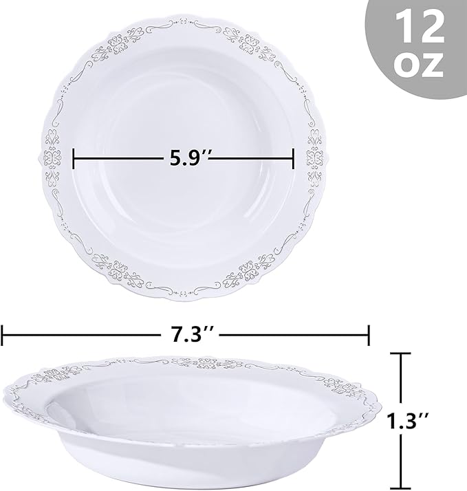 DaYammi 100 Pack Plastic Bowls with Silver Rim, 12oz Disposable Soup Bowls, Heavy Duty Dinner Bowls for Weddings, Silver Disposable bowls Parties, Dinners, Catering and Everyday Use