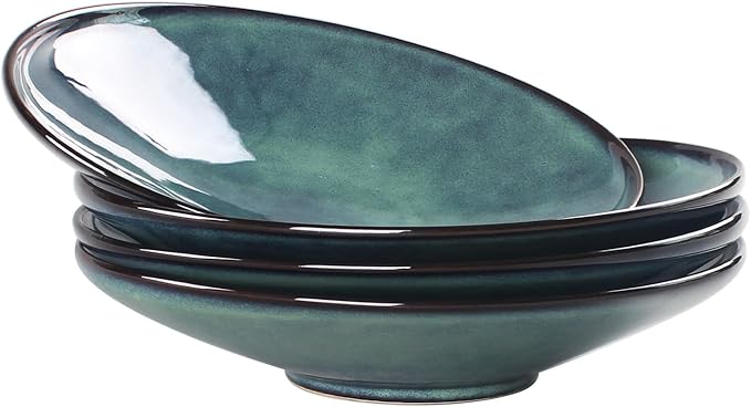Ceramic Pasta Bowls, 52.8-ounce Pasta Dishes, Reactive Glaze Pasta Bowls, Set of 4, Large, Wide-Mouth Bowls for Salads, Desserts, and Fruit, Microwave-, Dishwasher-, and Oven-Safe.