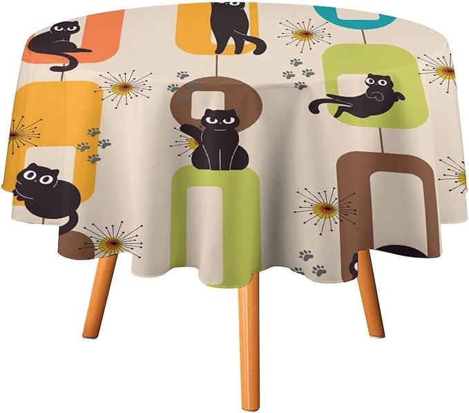 Bohemian Black Cat Round Tablecloth, Rustic Vintage Mid Century Geometric Tablecloth for Home Party Dining Room Kitchen Decor 70Inch(178cm)