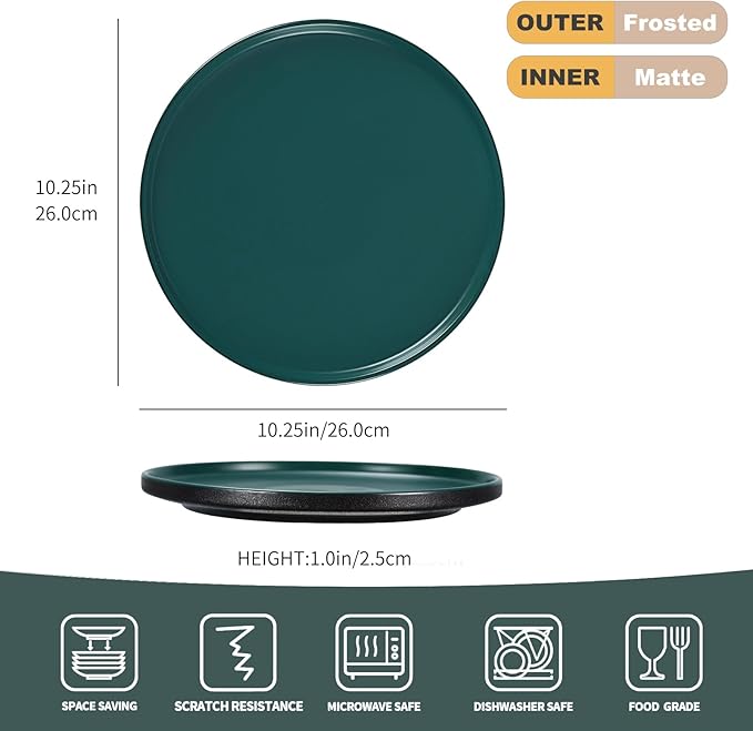 GZG Ceramic Dinner Plates Set of 4,10 Inch Stoneware plate Set,Microwave and Dishwasher Safe Kitchen Utensils,Stackable,Scratch Resistant (Dark Green)