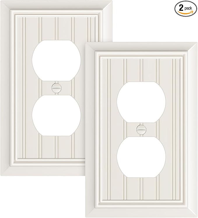 2-Pack Classic Beadboard Duplex Outlet Cover Plate, Decorative Light Almond Switch Plates and Outlet Covers, Natural Bamboo Fiber Wall Plates for Electrical Outlets, 1 Gang Receptacle Cover