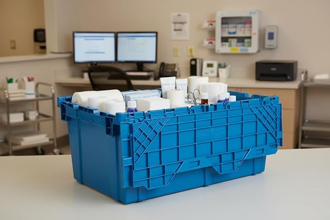Hudson Exchange 27.3 x 17.2 x 12.6 (3 Pack) Storage Tote Distribution Container with Hinged Attached Lid, Blue