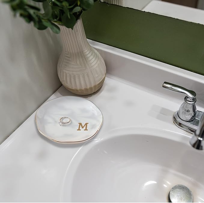 Initials Ring Dish Jewery Tray with Personalized M-Monogrammed Mother's Day Gifts Wedding Engagement for Women Friends sister,Ceramic White