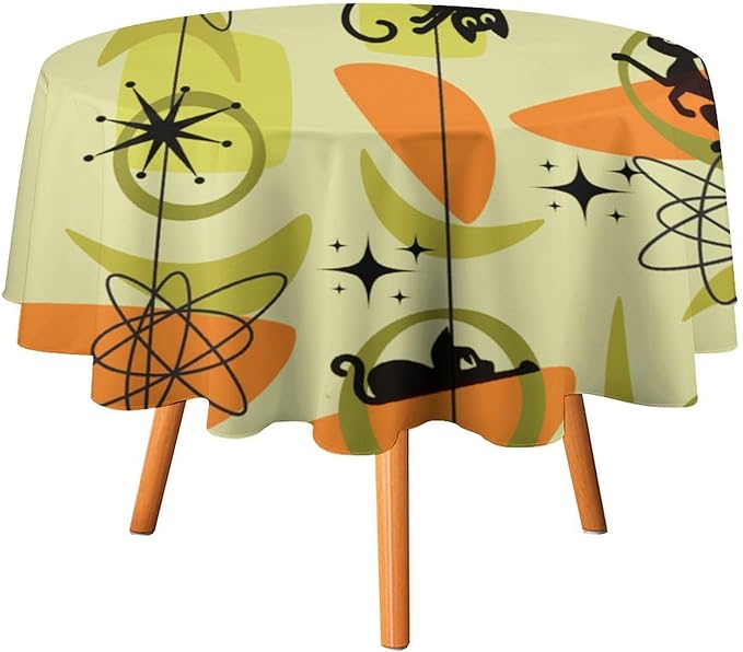 Mid Century Black Cat Round Tablecloth, Vintage Modern Bohemian Abstract Geometric Retro Art Tablecloth for Home Party Dining Room Kitchen Decor 50Inch(127cm)