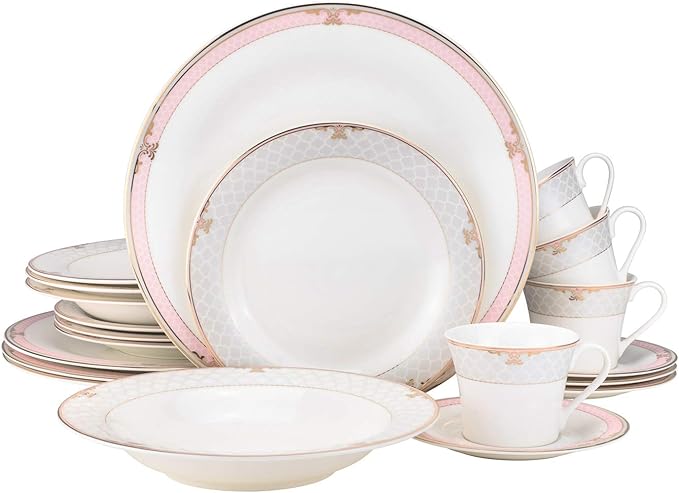 EURO Porcelain 20-pc. Dinner Set Service for 4, 24K Gold-plated Luxury Bone China Tableware ("Floral Blush" 6894G)