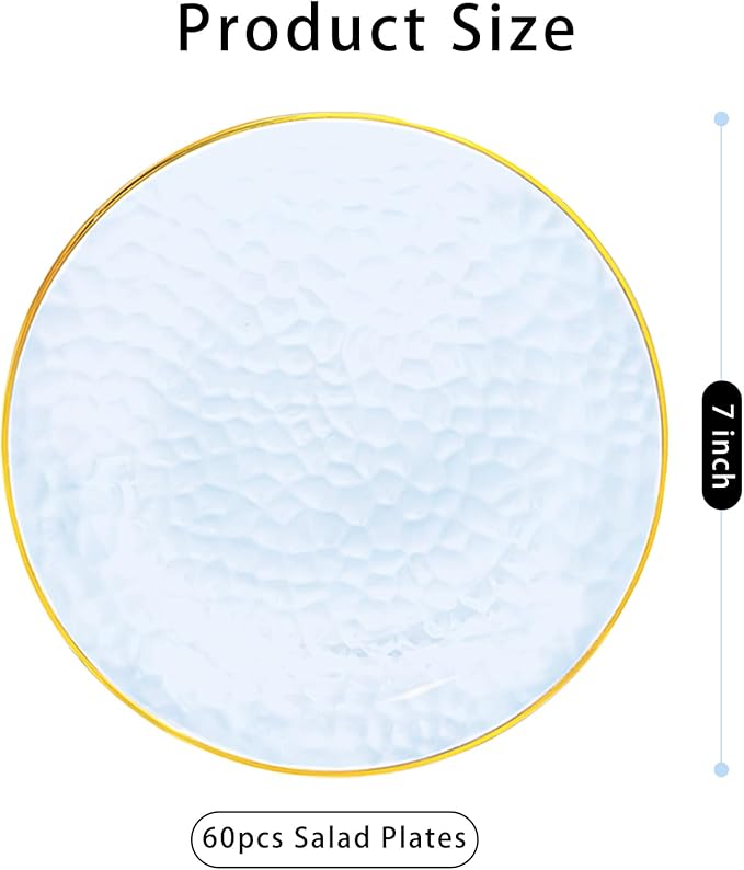 Rubtlamp 60 Pcs Blue Gold Plastic Plates, Hammered Plastic Dessert/Salad Plates, 7-Inch Blue Dessert Platos,Appetizer Platos Disposable Perfect For Wedding
