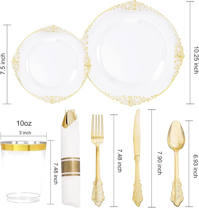 Hioasis 210pcs Clear and Gold Plates - Clear Party Plates for 30 Guest, Include 60 Heavy-duty Plates(20% Thicker Than Standard), 30 Pre Rolled Gold Plastic Silverware Set, 30 Cups