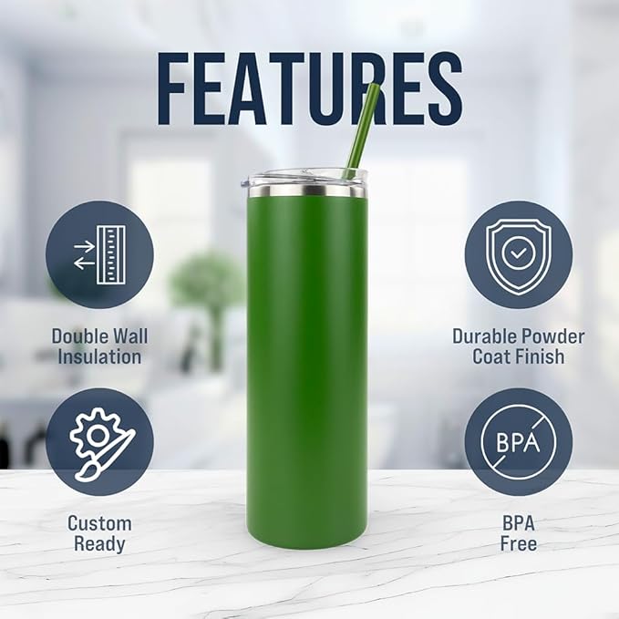 Hogg 20 oz Skinny Case (24 Units) - Hunter Green, Powder Coated Tumblers for Laser Engraving, Engravable Tumblers Bulk, Stainless Steel Cups Bulk, Insulated Cups with Lids and Straws