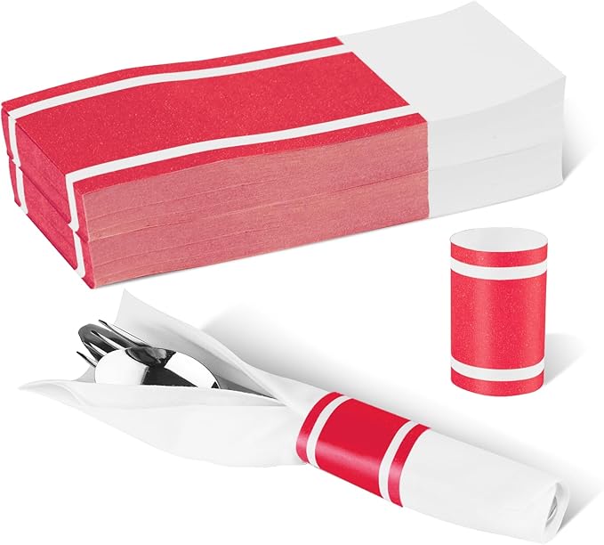 Germiwipe Red White Striped Paper Napkin Bands Self Adhesive - 500 Pcs 1.5x4.25 Inches Silverware Wraps Band Disposable Paper Napkin Rings for Restaurant Wedding Party Home Outdoor Holidays