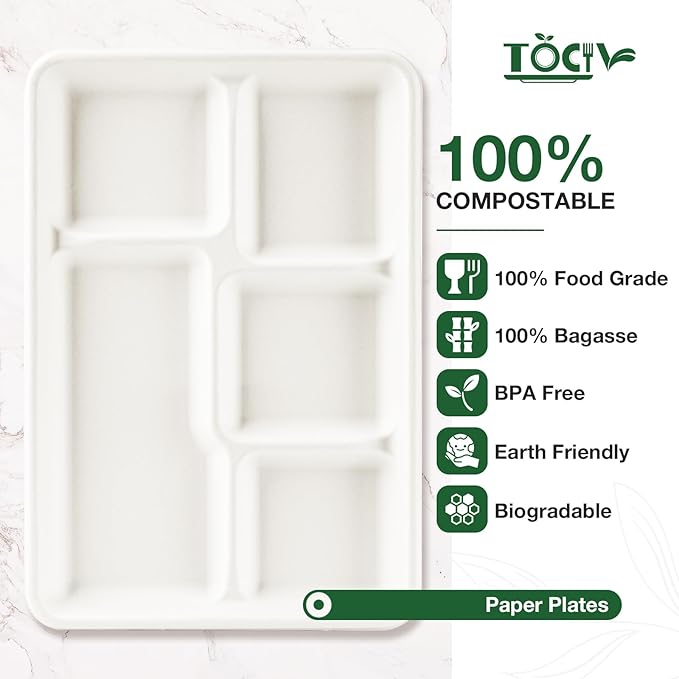 5 Compartment Paper Plates 12.5 x 8.6 inch 80- Count Compostable Disposable Divided Dinner Sectional Plates for Adults Heavy Duty Lunch Party Food Serving Trays with Dividers