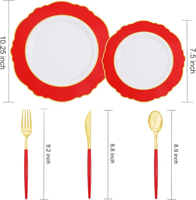 WDF 30Guest Red Plastic Plates - Gold Plastic Silverware With Red Handle - Red Plates Disposable- Baroque Plastic Dinnerware for Party Valentine's Day