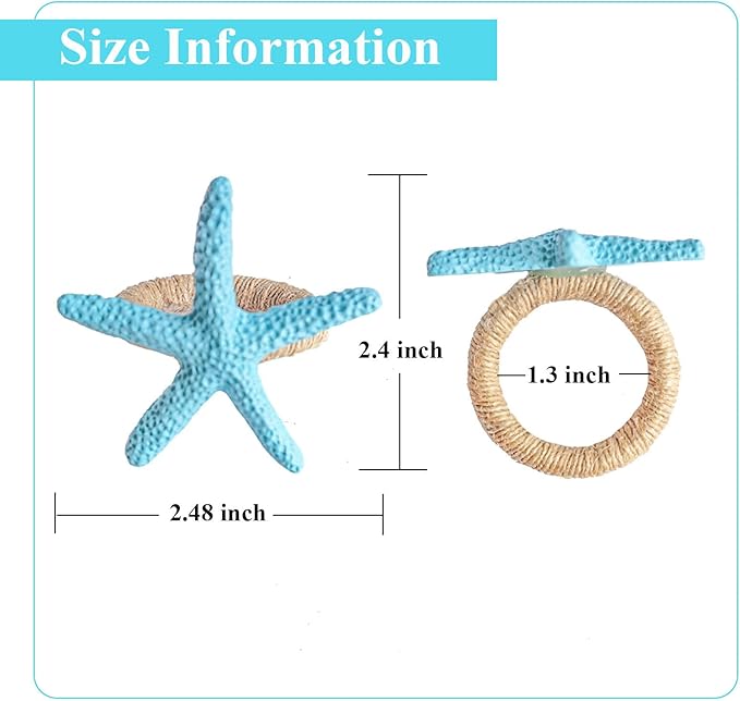 Starfish Napkin Rings Set of 6, Blue Sea Star Napkin Ring Holders for Crafts, Beach, Dinner Party, Wedding, Theme Party, Banquet, Nautical, Coastal Table Decor