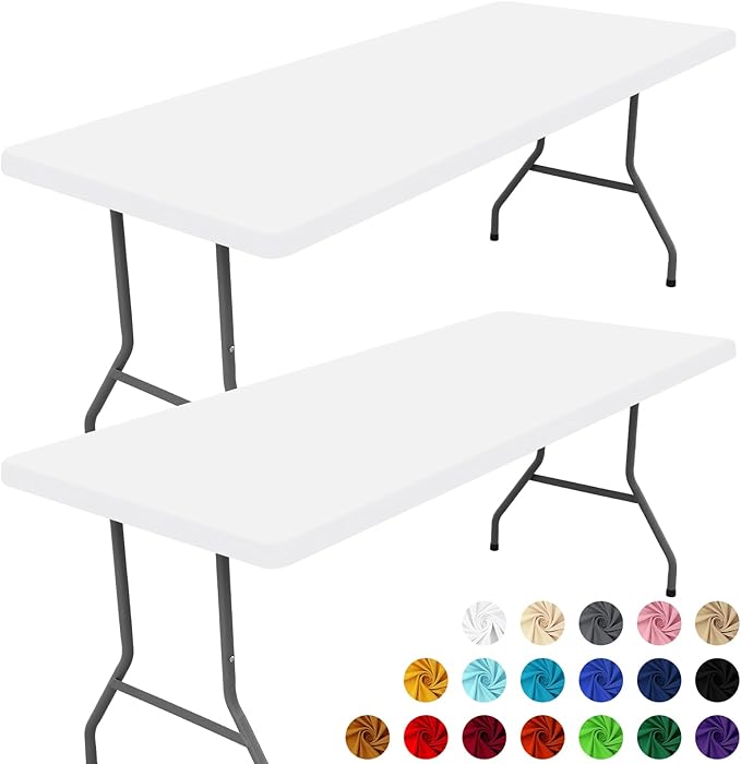 Spandex 8 Foot Rectangle Table Cloth 2 Pack, Elastic Fitted Tablecloths for Picnic, Stretch Washable Patio Table Cover for Outdoor, Camping, Banquet and Parties (White, 30"x96")