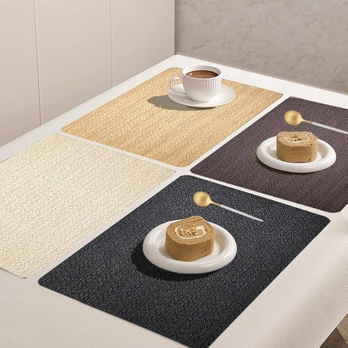 PIGCHCY Waterproof PVC Place Mats Set of 6, Non-Slip Faux Leather Placemats Rattan Pattern Surface Table Mats for Wedding/Birthday Party/Kitchen (18"x12", Golden Beige)