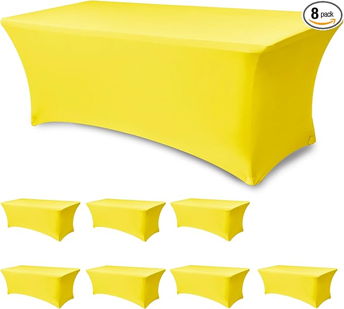 Fitted Stretch Table Cover for 6 Foot Rectangle Tables-8 Pack Yellow Spandex Tablecloth-Elastic Folding Tablecloths for Party, Vendor Booth Display, Banquet Buffet Event, Craft Trade Show