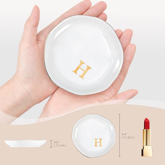 ProCase Ceramic Jewelry Tray, Initial Ring Dish Trinket Plate Engagement Gift, Small Personalized Monogram Ring Bowl for Wedding, White Decorative Jewelry Holder for Women Vanity -Letter H
