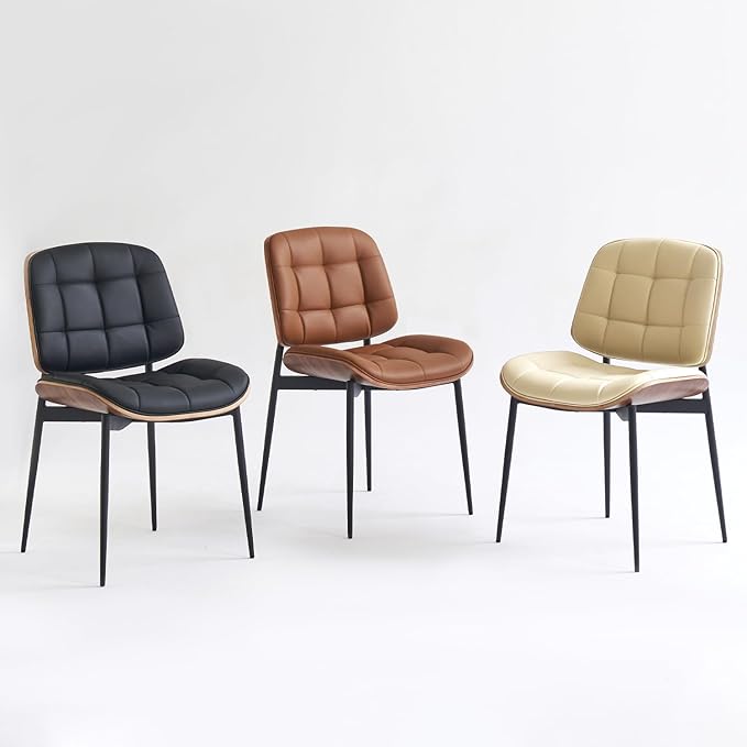 Mid Century Modern Dining Chairs with Walnut Grain Back, Brown Faux Leather Dining Room Chairs Set of 4, Checkered Soft Cushion Kitchen Chairs with Adjustable Foot Pads