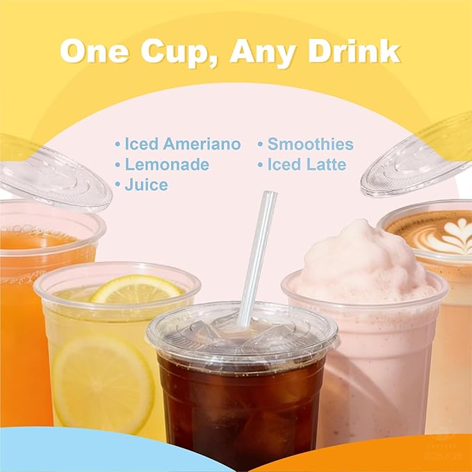 16 oz 100 Pack Disposable Clear Plastic Cups with Lids and Straws, Food Safe Bulk Iced Coffee Cups for Smoothies, Milkshakes and Other Cold Drinks