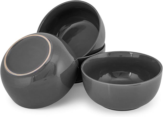 Elanze Designs Bistro Glossy Ceramic 6.5 inch Dinnerware Bowls Set of 4 - Perfect for Everyday uses from Soup, Pasta, Salad, Cereal, Ice cream, Ramen and Pho, Charcoal Grey