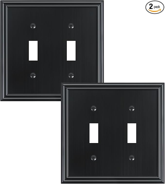 2-Pack Double Toggle Light Switch Cover Plate, Durable Solid Zinc Alloy Decorative Dual Switch Plate Covers, Black 2 Gang Wall Plate, Corrosion Resistant
