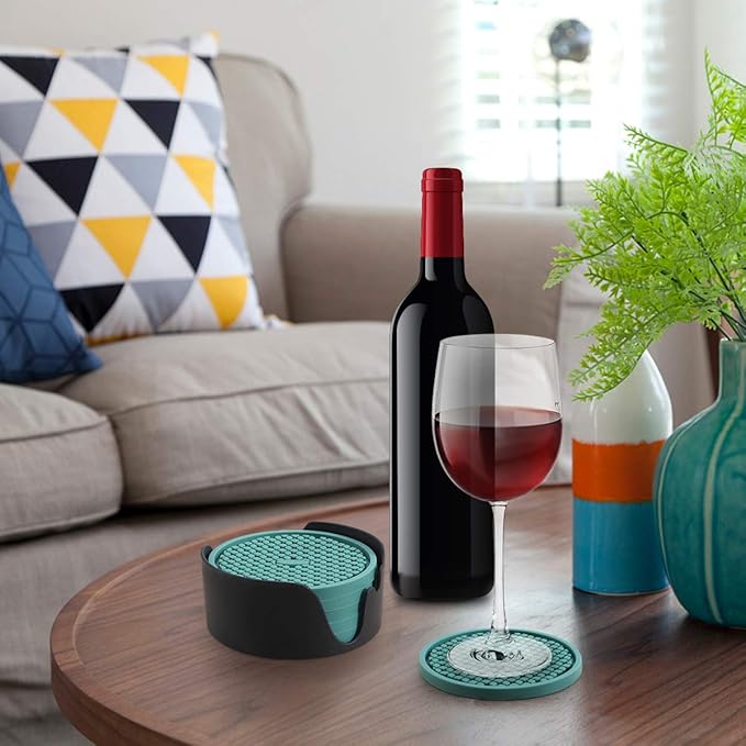 ME.FAN Silicone Coasters [6 Pack] Thickened Drink Coasters with Holder - Cup Mat - Non-Slip, Non-stick, Stay Put, Deep Tray - Prevents Furniture and Tabletop Damages(Navy Blue)