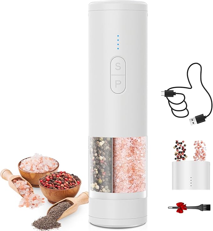 2 in 1 Electric Salt and Pepper Grinder Set, USB Rechargeable, Automatic Salt and Pepper Mill Shakers with Battery Display, LED Light, Adjustable Coarseness(White)