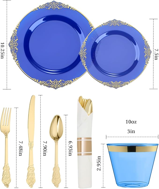 Goodluck 350 Piece Clear Blue Plastic Dinnerware Set for 50 Guests, Fancy Disposable Plates, Include: 100 Blue Rim Plastic Plates, 150 Silverwares, 50 Pre Rolled Napkins, 50 Cups for Party, Wedding