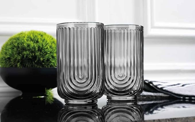 Glaver's Vintage Glassware Art Deco Glasse Ribbed Drinking Glasses U-Shape Arch Design Colored Cocktail Kitchen Tumblers Everyday Dinner Decorative Party (Smoke S/4 17oz)