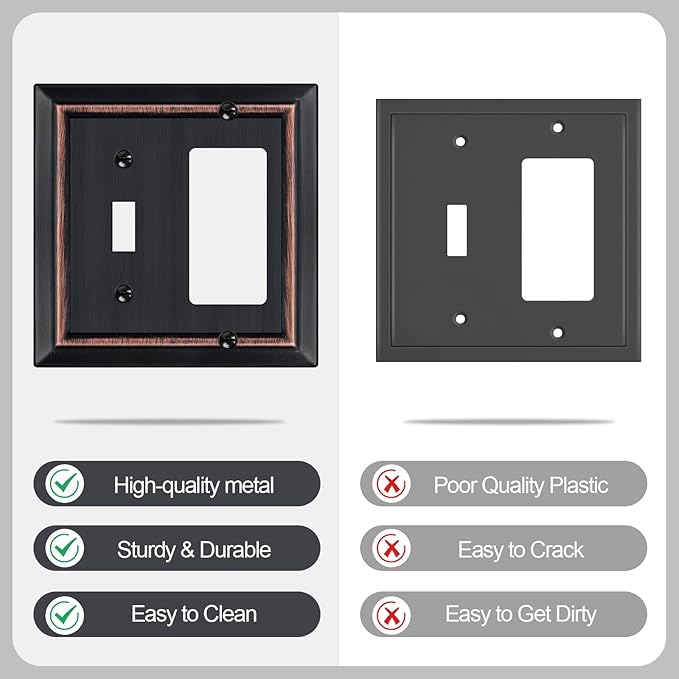 Metal Wall Plate for Electrical Outlets, Decorative Aged Bronze Switch Plates Outlet Cover, Light Switch Cover Plate, 2-Gang Wall Plates (Toggle/Decorator, 2 Pack)