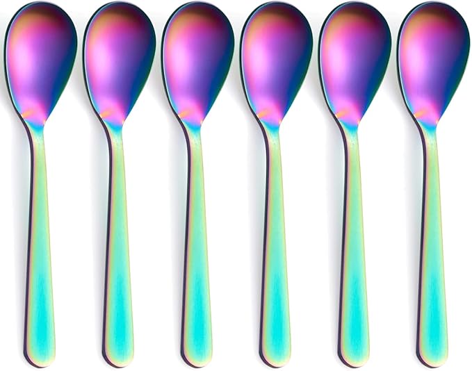 Matte Rainbow Demitasse Espresso Teaspoons, Stainless Steel Satin Finish Coffee Spoons, 4.7-inch, Set of 6