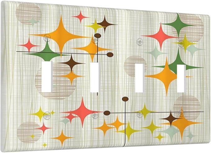 Light Switch Cover Mid Century Modern Retro Stars 4 Gang Switch Plate Quad Toggle Wall Plates Decorative Switchplate Electrical Outlet Cover for Bathroom Bedroom Decor