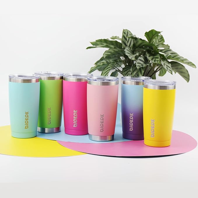 BJPKPK Tumbler with Lid and Straw, 20 oz Stainless Steel Vacuum Insulated Color Block Tumblers, Double Wall Ice Coffee Thermal Cup Travel Mug,Coral