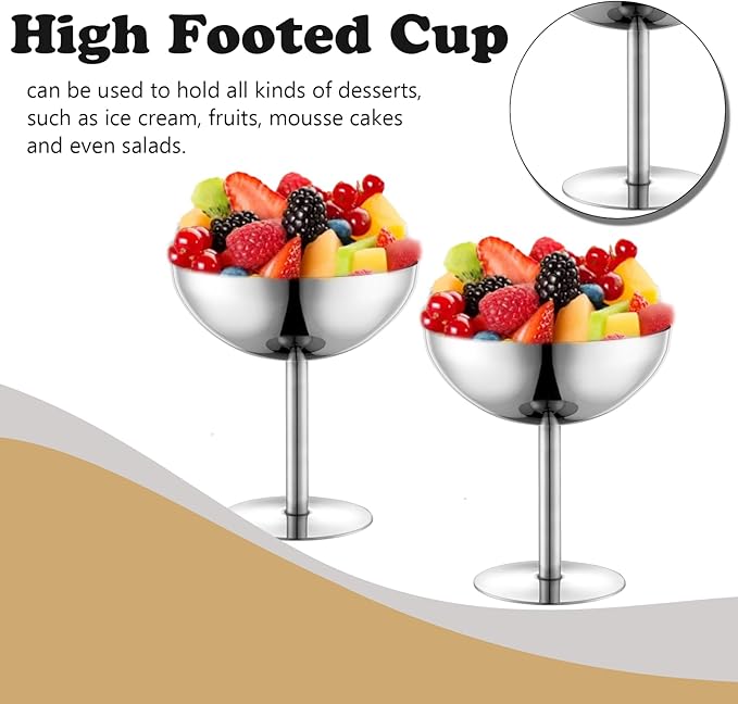 Ice Cream Bowls Stainless Steel Dessert Cups with Spoons Reusable Footed Sundae Cups Ice Cream Cups for Dessert, Frozen Yogurt, Gelato, Birthday Party Decorations (2, Silver)