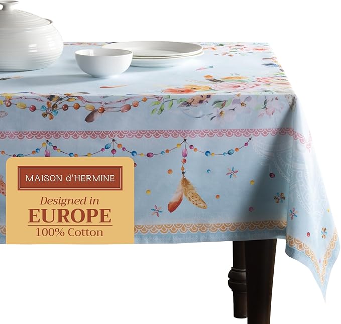 Maison d' Hermine Table Cloth Rectangle Table 100% Cotton 60 x 120 Inches Tablecloth Reusable Decorative for Dining Room Farmhouse Home Valentines Day Decorations Spring Summer - Ibiza - Blue
