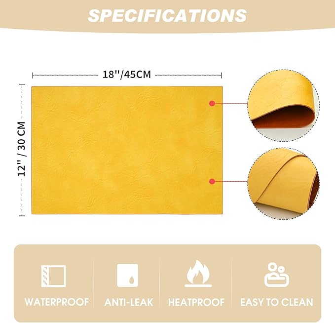 Artoid Mode Yellow Faux Leather Placemats Set of 4, 12x18 Inch Waterproof Wipeable Heat Resistant Vinyl Place Mats, Reversible Table Mats for SummerKitchen Dining Decor