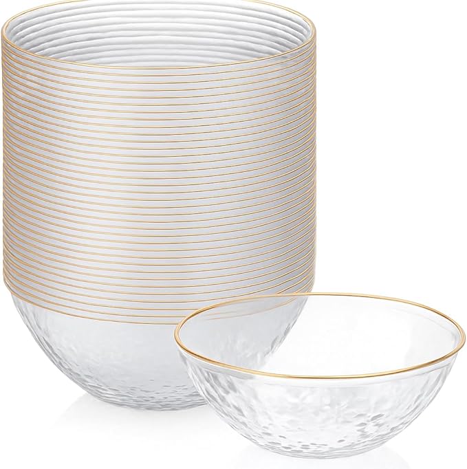 R-kay 100 Pack Hammered Gold Plastic Bowls Disposable Heavy Duty - 12 Oz Clear Plastic Bowls For Parties - Premium Clear Disposable Bowls for Hot Soup, Salads.