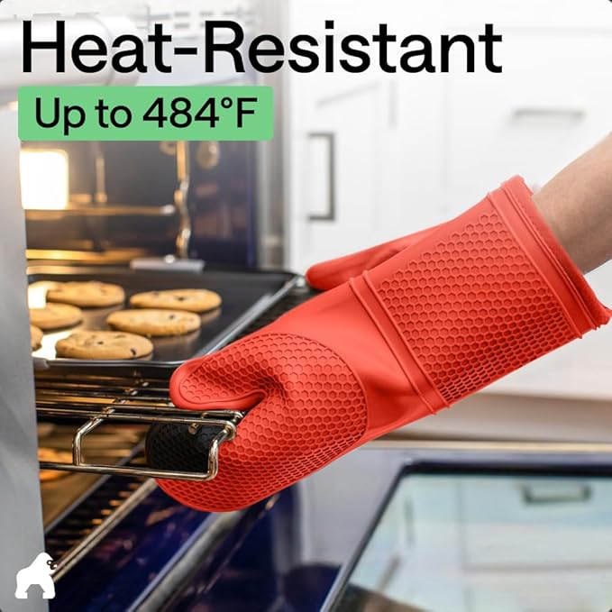 GORILLA GRIP BPA-Free Soft Silicone Oven Mitts, 14.5x8.3, Heat Resistant and Waterproof Cooking Gloves, Thick Cotton Lining, Flexible Gripping for Baking Grilling, Kitchen Potholders Set of 2, Coral