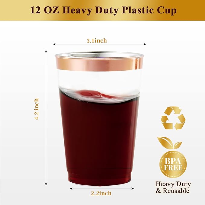Vplus 150 Pack 12 OZ Reusable Rose Gold Rimmed Clear Plastic Cups, Disposable Heavy Duty Plastic Cups for Party, Christmas, Wedding, Thanksgiving, Halloween