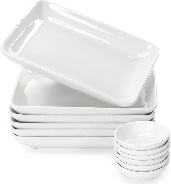 8 Inch Appetizer Plates Set with Dipping Cups for Serving, Desserts, Salads – Chip-Resistant, Porcelain, Rectangular Dinner Plates – Free of Plastic & Lead – 6 Small, White Dinner Plates & Cups